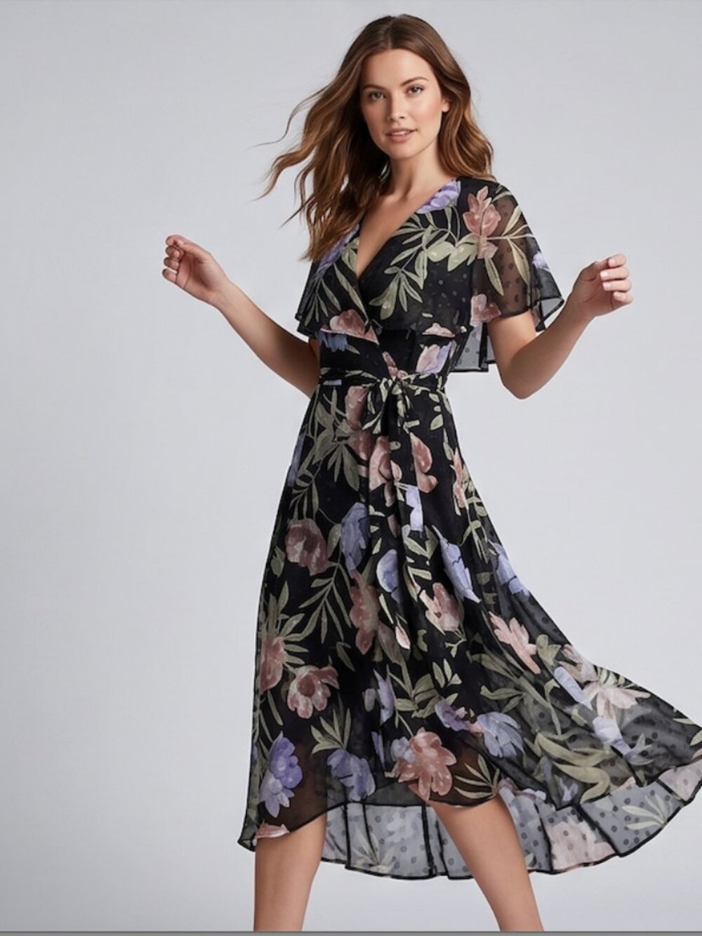 Gabby Skye Black Floral Faux-Wrap Midi Dress - Picture 2 of 11